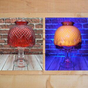 Vintage L.E. Smith UV Glow Ruby Red Diamond Point Glass Pineapple Fairy Lamp